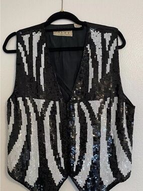 Vtg Savvy Margot Thompson Sequin Vest Black White Size Large Zebra Stripe Look